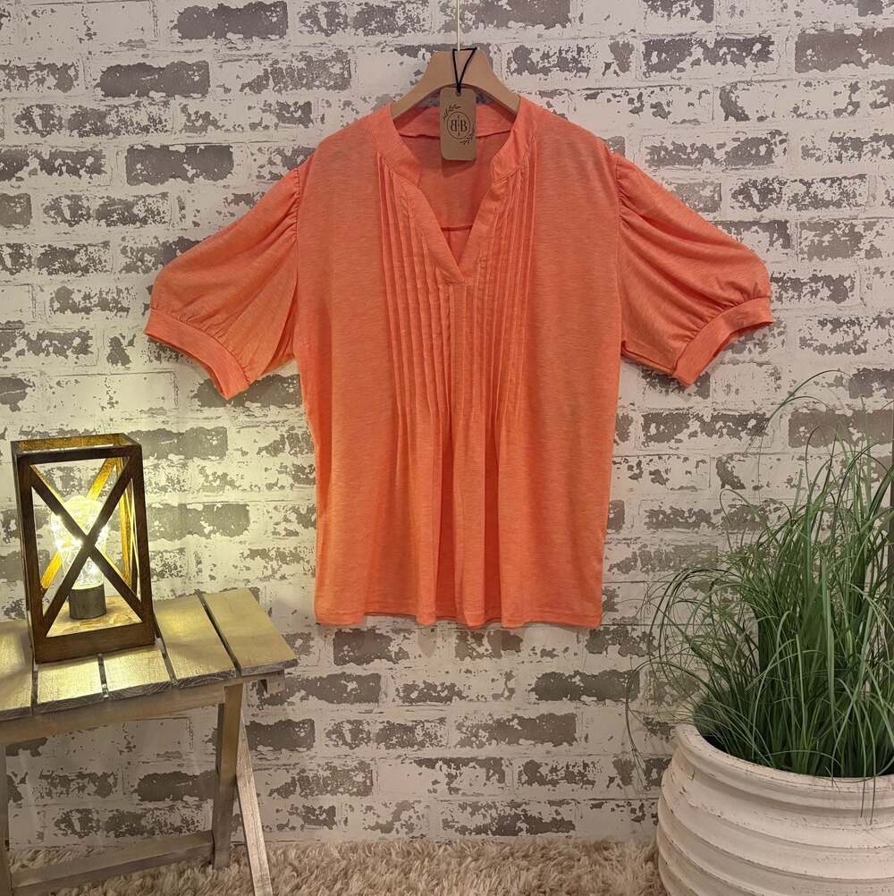 XL Midiross Orange Textured Pleated V-Neck Puff Sleeve Blouse